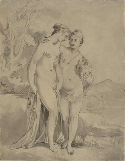 Bir manzarada iki peri by Ubekendt engelsk kunstner 1820