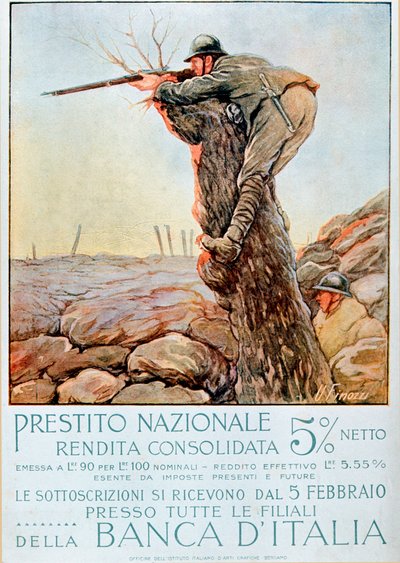 First World War: Italian poster encouraging national borrowing. Illustration by Ugo Finozzi (20th century). 1914-1918 Attention! The use of this work may be subject to a request for authorization to a third party or to the payment of additional fees by Ugo Finozzi