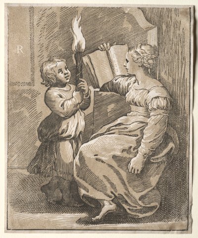 Sibyl Elinde Meşale Tutan Bir Çocukla Okumak, 1518-27. by Ugo da Carpi
