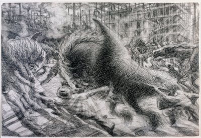 Fütürizm: “” La citta che kirli”” (Yükselen şehir). Umberto Boccioni