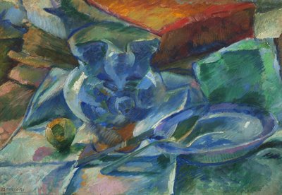 Çanak çömlek, çatal bıçak takımı ve meyveden oluşan natürmort, 1915 by Umberto Boccioni