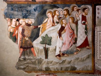 Havarilerden uçuş. Detay. 15. yüzyılın Umbria okulunun freski. Üstün Kilise. Saint Benedetto Manastırı (Sacro Speco), Subiaco (Roma), İtalya by Umbrian School
