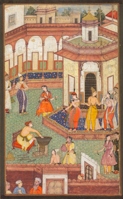 Harem Hanımları Hayret İçinde Dururken Bir Adam Elini Kazana Daldırıyor..., c. 1600. by Unbekannt