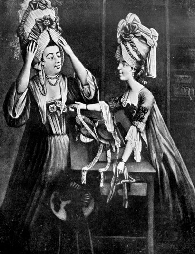Bir Milliners Dükkanı, kasapların karısı Bayan Monopolize, modern bir başörtüsü satın alırken, 1772 by Unbekannt