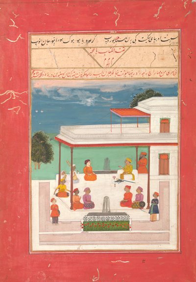Bir Raja ve Bir Terasta Oturan Müzisyenlerin Gösterilerini Dinleyen Bir Misafir..., AH 12141799-1800. by Unbekannt