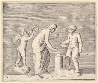 Aşk Tanrısının Varlığında Kurban Eden Bir Kadın ve Erkek, yaklaşık olarak yayınlandı. 1599-1622. by Unbekannt