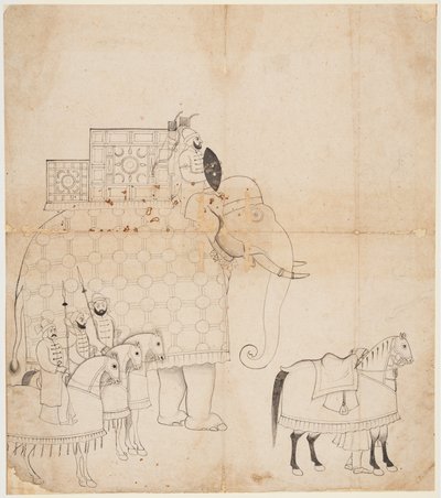 Caparisoned Elephant and Horses çizimi, c. 1760. by Unbekannt