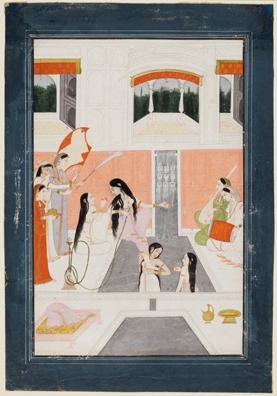 Bir hanımefendi klozetinde bir saray şelalesinin yanında müzik dinliyor, c. 1780. by Unbekannt