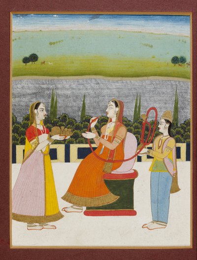 Bir terasta sigara içen bir bayan, iki görevli ile, 19. yüzyıl 1801-1900 by Unbekannt