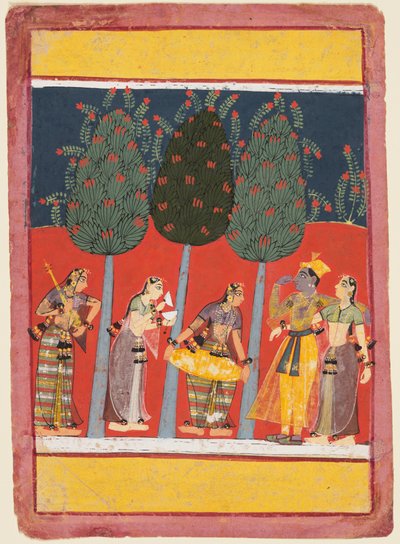 Rasikapriya serisinden bir sayfa: Krishna ve Radha ve müzik aletleriyle Sakhiler, c. 1650 by Unbekannt