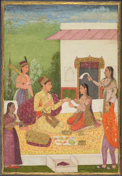 Terasta içecek yerken bir kadınla sohbet eden bir prens, c. 1710-1720. by Unbekannt