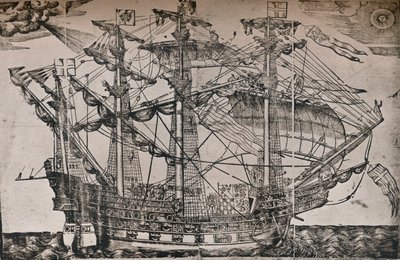 The Ark Royal olduğuna inanılan bir geminin gravürü, c1587 by Unbekannt