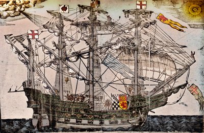 The Ark Royal olduğuna inanılan bir geminin gravürü, c1587 by Unbekannt