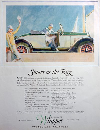 Overland Whippet Collegiate Roadster arabasının reklamı, 1927 by Unbekannt