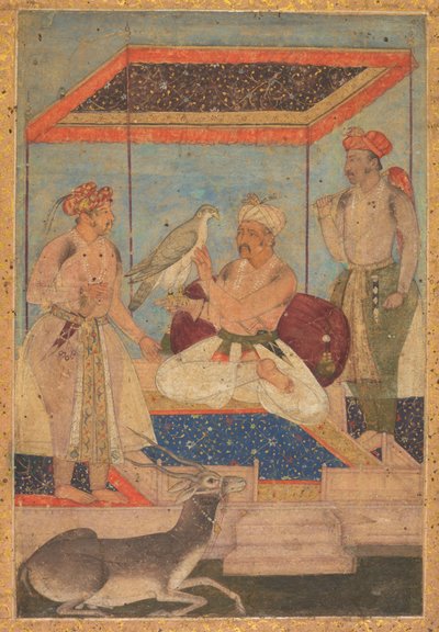 Ekber ve Jahangir, Prens Khusrau Arkasında Dururken bir Ghir Şahinini İnceliyor, c. 1602-1604. by Unbekannt