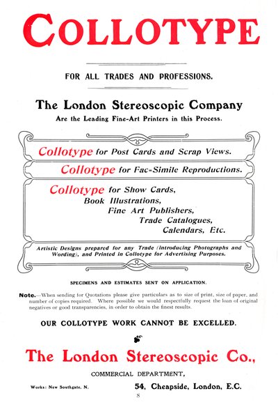 The London Sterescopic Company, 1903 tarafından sunulan Collottype süreci için bir reklam by Unbekannt