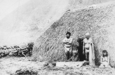 Pili çim evinin önünde tapa döven yaşlı bir kadın, Kalaupapa, Hawaii, 19. yüzyıl by Unbekannt