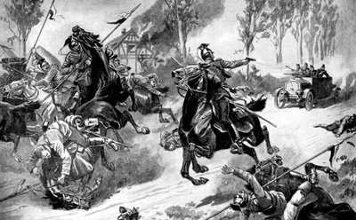 Zırhlı Belçika birlikleri Uhlans tarafından saldırı altında, Birinci Dünya Savaşı, 1914 by Unbekannt