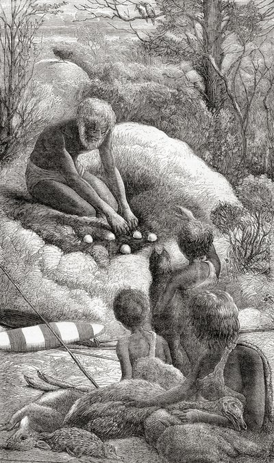 Avustralya yerlileri bir megapodun yuvasını inceliyor. by Unbekannt