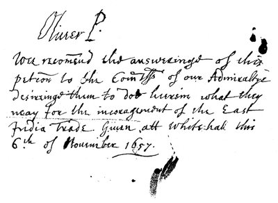 Oliver Cromwell'in Doğu Hindistan Şirketi'nin bir dilekçesine imzalı notu, Kasım 1657, 1893 by Unbekannt
