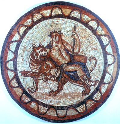 Bacchus, Antik Roma Şarap tanrısı, kaplana biniyor, Roma mozaiği, 1. veya 2. yüzyıl by Unbekannt