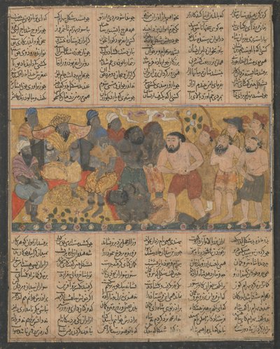 Bahram Gür, Shangul Mahkemesinde Güreşte Hünerini Sergiliyor..., yakl. 1300-30. by Unbekannt