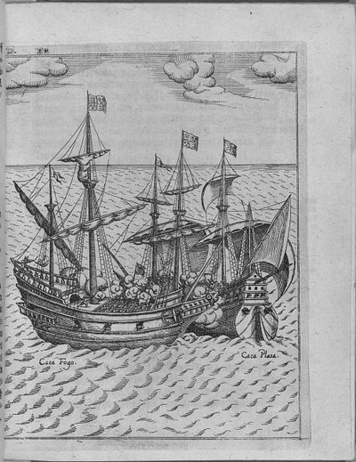 Francis Drakes gemisi Golden Hind ve İspanyol gemisi Cacafuego arasındaki savaş. Levinus Hulsiu