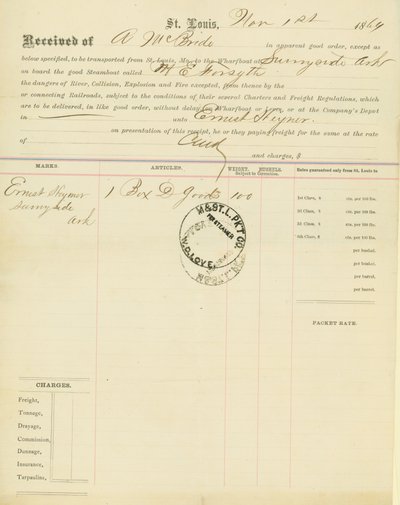 Konşimento, vapur M[ary] E. Forsyth, Sunnyside, Arkansas, 1 Kasım 1864 by Unbekannt