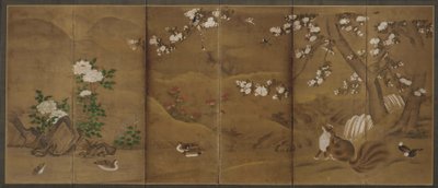 Kuşlar, mevsim çiçekleri ve misk kedileri, Muromachi veya Momoyama dönemi, 16. yüzyıl. by Unbekannt