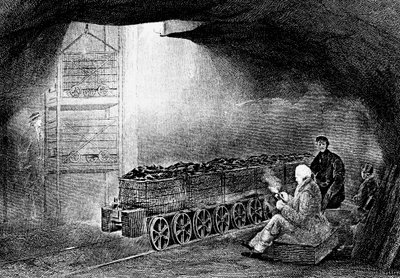 Bir kömür madeninde yüklü vagonlarla dolu bir çukurun dibi, 1860 by Unbekannt