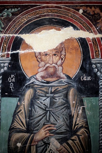 15. yüzyıldan Bizans freski (detay) Aziz Sabas Duvar resmi Michael Archangel Şapeli, Galata köyü Kıbrıs Boyalı kiliseler UNESCO sitesi Troodos, Kıbrıs by Unbekannt