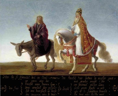İsa eşek üzerinde, papa at sırtında by Unbekannt