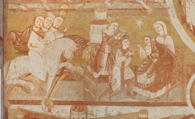Kilise (Église Saint-Martin). İç mekan. Duvar resimleri (fresk). Nefin batı duvarı. Detay. Büyücülerin gelişi, büyücülerin hayranlığı. 12. yüzyıl. by Unbekannt
