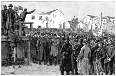 Bir hükümet muhabirini kampanya toplantısı planında koruyan zabıta, İrlanda, 1887 by Unbekannt