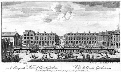 Covent Garden, Londra, meydanın merkezindeki tezgahları gösteriyor, 1753 by Unbekannt