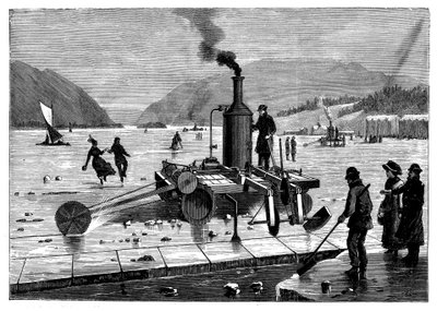 Kanada, St Lawrence nehrinde buharla çalışan bir testere kullanarak buz kesmek, 1894 by Unbekannt