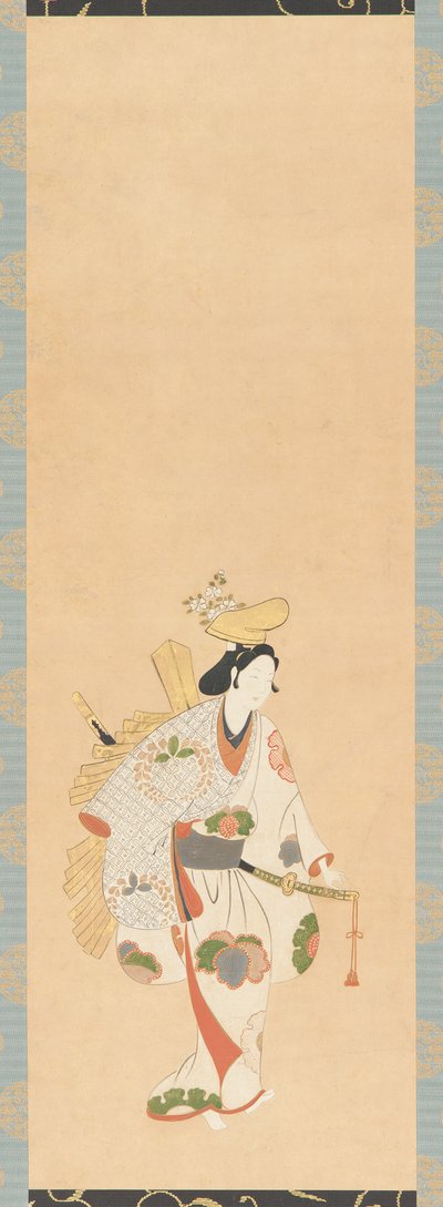 Renkli yapraklarla desenli beyaz elbiseli dansçı..., Edo dönemi, Kambun dönemi, 1661-1673. by Unbekannt
