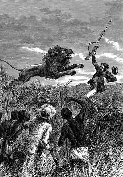 David Livingstone, İskoç misyoner ve Afrikalı kaşif, bir aslan tarafından suçlanıyor, c1860 by Unbekannt