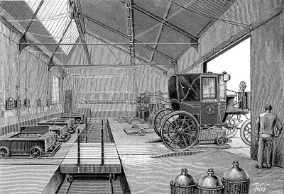 Elektrikle çalışan Paris kabinlerinin yeni şarj edilmiş pillerle donatıldığı depo, 1899 by Unbekannt