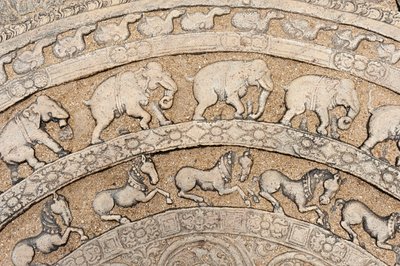 Detay; tarihi taş kabartma; hayvan temsilleri ile ay taşı; filler; atlar; merdivenlerde taş; Kral Parakrama Bahu I Konsey Salonu; şehir içi bölge; Polonnaruwa; Sri Lanka; Asya by Unbekannt