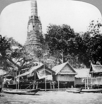 Chao Phraya Nehri üzerindeki evler ve evler, Bangkok, Tayland, 1900