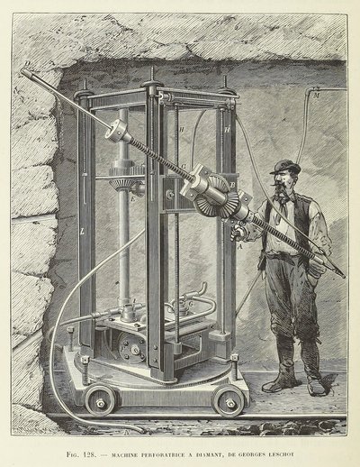 Georges Leschot, pub tarafından tasarlanan Elmas Delme Makinesi. 1883 gravürü, 1883. by Unbekannt