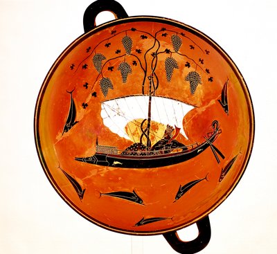 Yunuslarla çevrili bir yelkenli teknede Dionysius, Antik Yunan yemeği Krater, MÖ 530 by Unbekannt