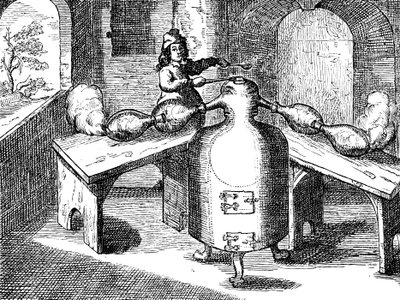 İki burunlu bir demir adamda nitrik asit Aqua fortis veya ayırma asidinin damıtılması, 1689 by Unbekannt
