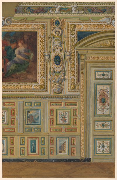 Çizim, Boyalı panel gruplarını gösteren bir duvar kesiti, Oval Oda, Salon Louis XIV, Fontainebleau Sarayı, Fransa by Unbekannt