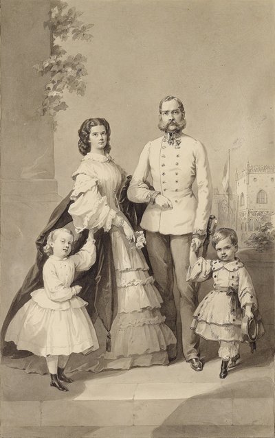İmparator I. Franz Joseph, İmparatoriçe Elisabeth ve çocukları ile birlikte ..., yaklaşık 1860. by Unbekannt