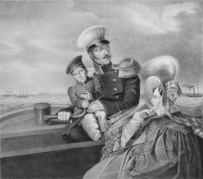 İmparator Nicholas I ve İmparatoriçe Alexandra Fyodorovna, oğlu Konstantin Nikolaevich ile bir tekne gezisinde, by Unbekannt