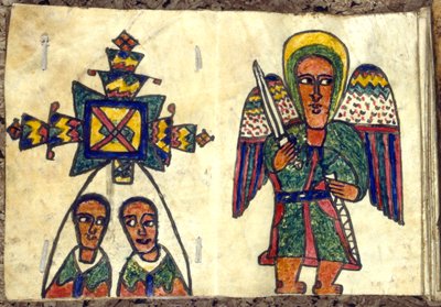 Kılıcı olan bir meleği ve muhtemelen rahip olan iki adamı gösteren Etiyopya dua kitabı, 19. yüzyıl by Unbekannt