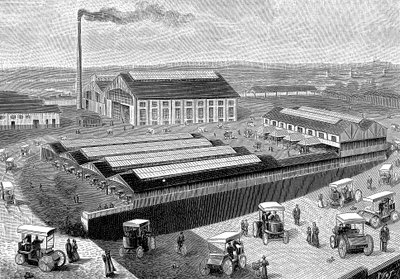 Elektrikli kabin yapımı, şarjı ve servisi için fabrika, Aubervilliers, Fransa, 1899 by Unbekannt