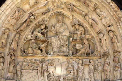 Fleury abbey bazilikası kuzey kapısı tympanum : Aziz Benoit sur Loire Fransa evangelistler tarafından çevrili zafer İsa by Unbekannt